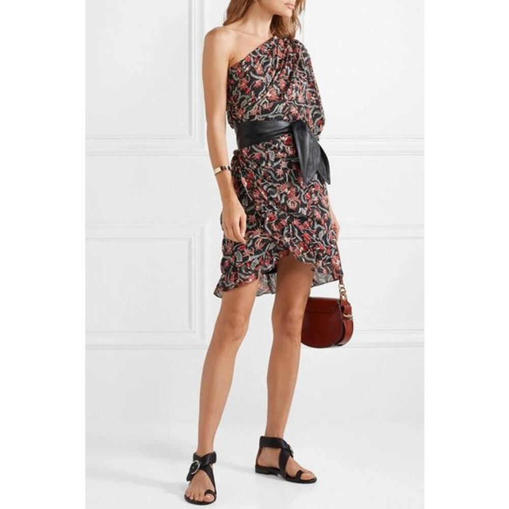 Isabel Marant Etoile Esther Dress Size XS One Shoulder Printed Mini Ruffle‎ Hem